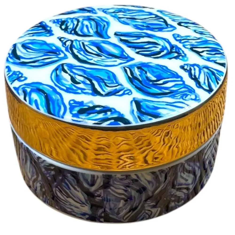 LILLY PULITZER Ring Box With Lid Blue Shell Design Gold Trim